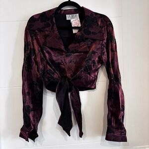 La belle Satin Tie-Front Blouse in Deep Burgundy Floral